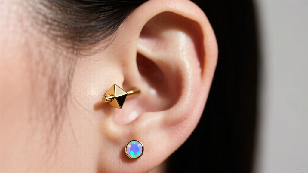 Macro shot of a curated ear featuring a threadless 14k gold labret stud in the conch and a small opal tragus earring