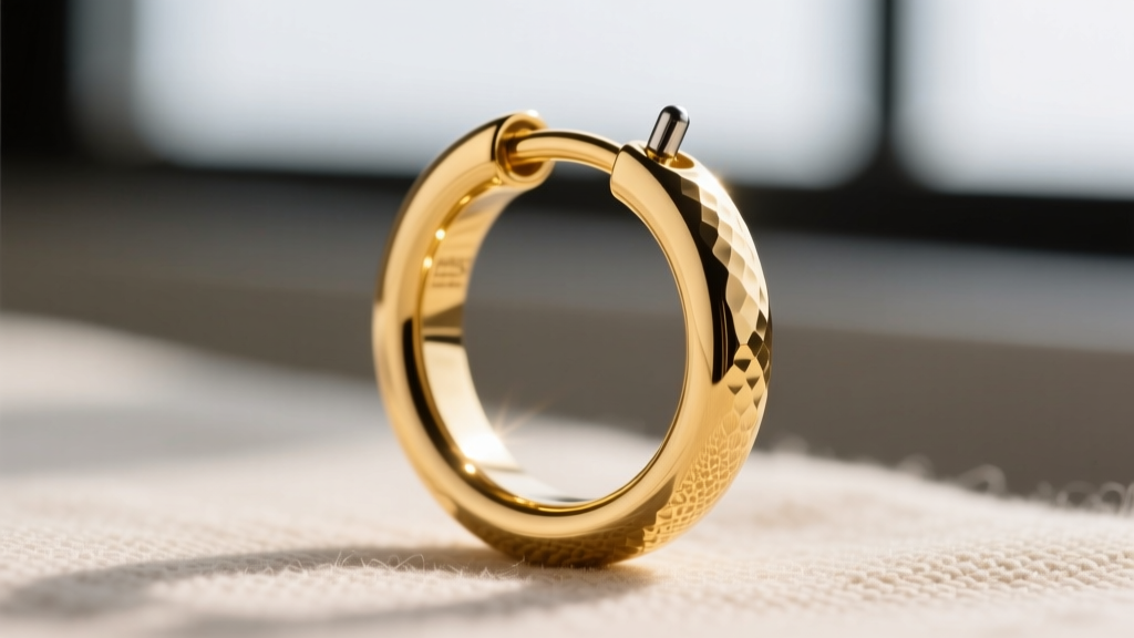 Macro shot of a PVD gold-coated titanium clicker hoop with a subtle hammered texture, designed for sensitive cartilage piercings