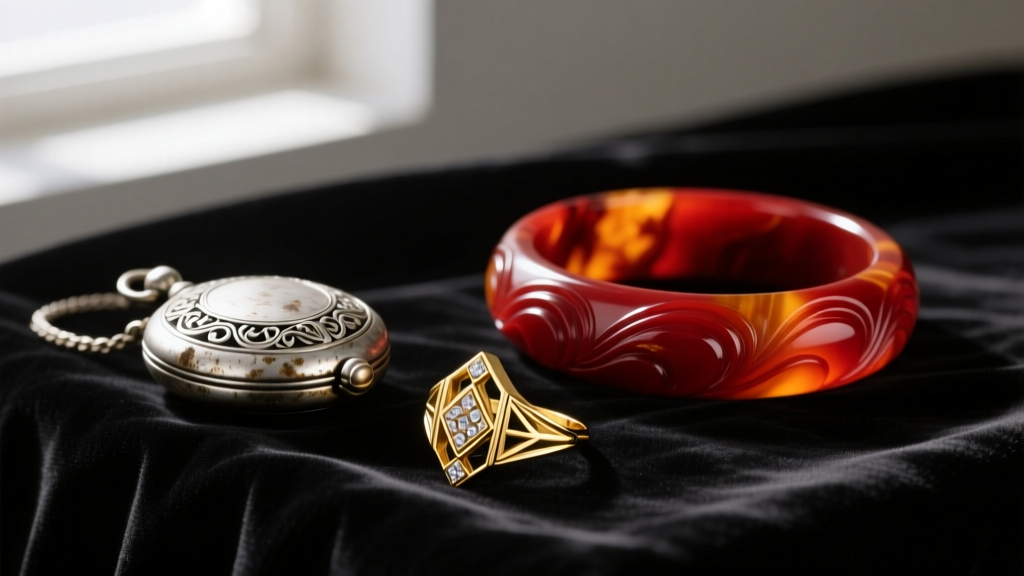 Tarnished silver Victorian locket, 18k gold Art Deco ring, and carved red Bakelite bangle resting together on dark velvet fabric