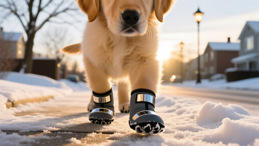 Close-up of a puppy’s paws wearing snug, waterproof dog booties on a snowy sidewalk