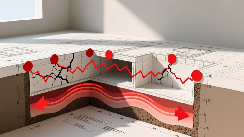 Blueprint diagram of slab and basement foundations with red markers showing structural stress points, crack paths, and lateral soil pressure.