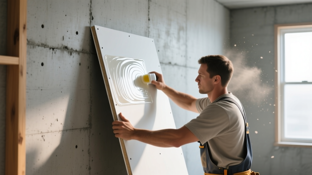 Contractor applying adhesive to a fiberglass-faced gypsum board before pressing it onto a bare concrete basement wall