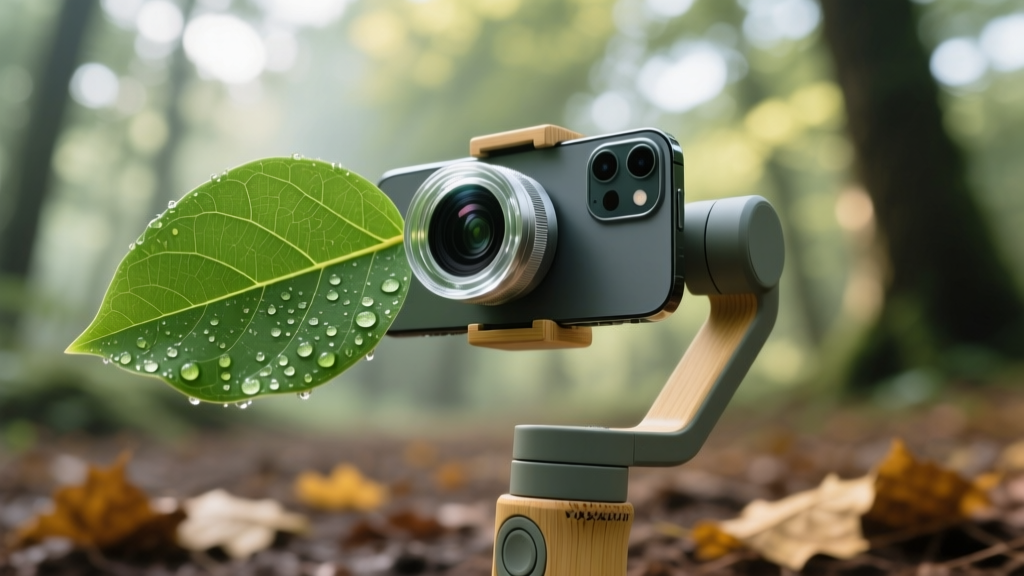 Smartphone mounted on a sustainable bamboo and recycled plastic gimbal stabilizer capturing a macro shot of a leaf with an attachable recycled glass lens