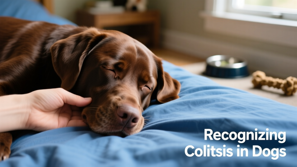 a person's hand gently holding up the head of a chocolate Labrador lying on a blue bed sheet