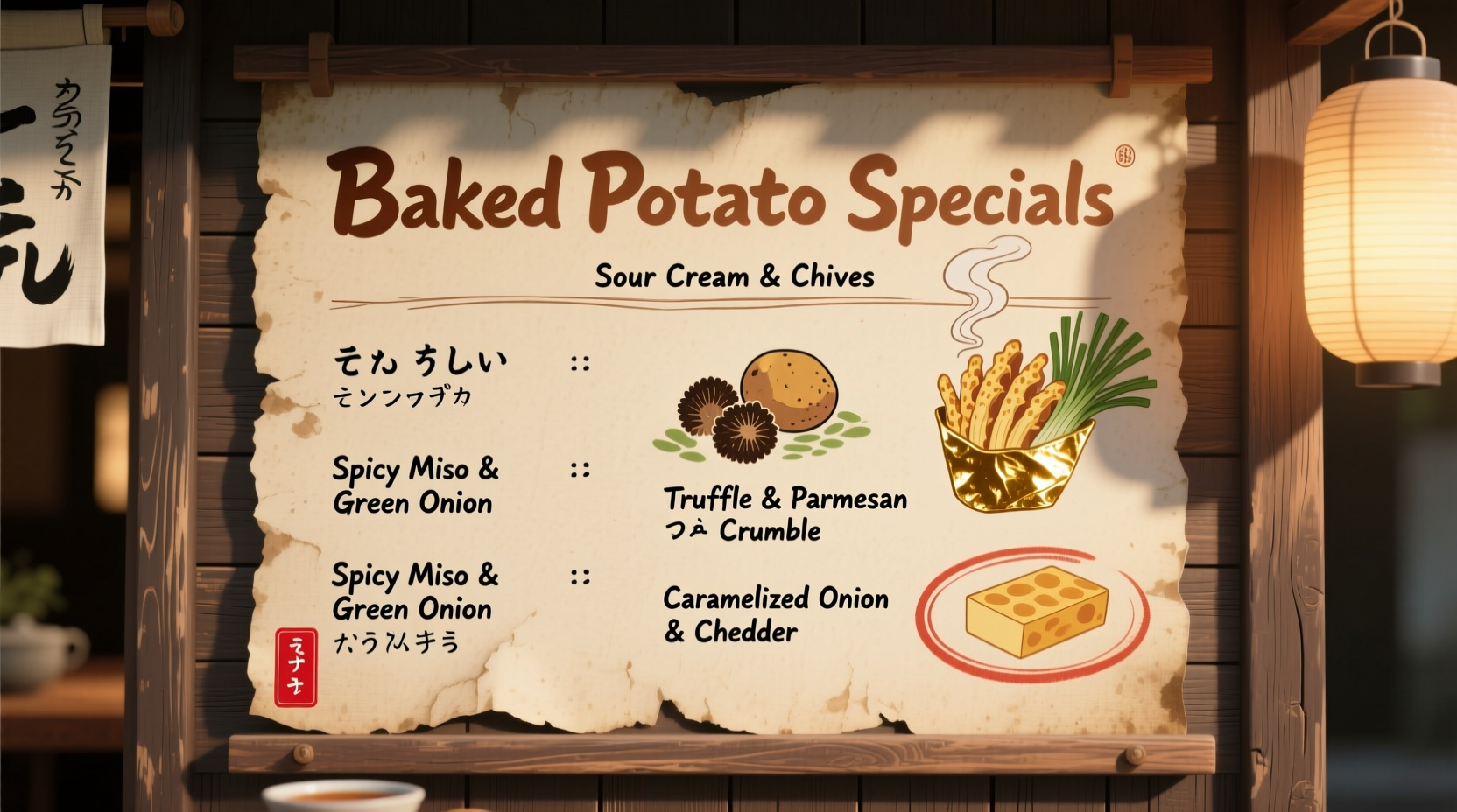 Traditional potato shack menu board with baked potato options
