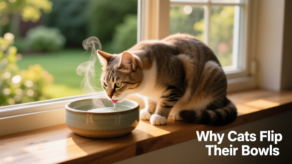 Happy cat calmly sipping from a wide, stable water bowl beside a window with soft natural light