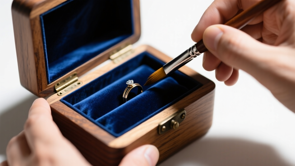 Applying acid-free glue to the interior base of a wooden antique ring box before carefully laying down new navy blue velvet fabric