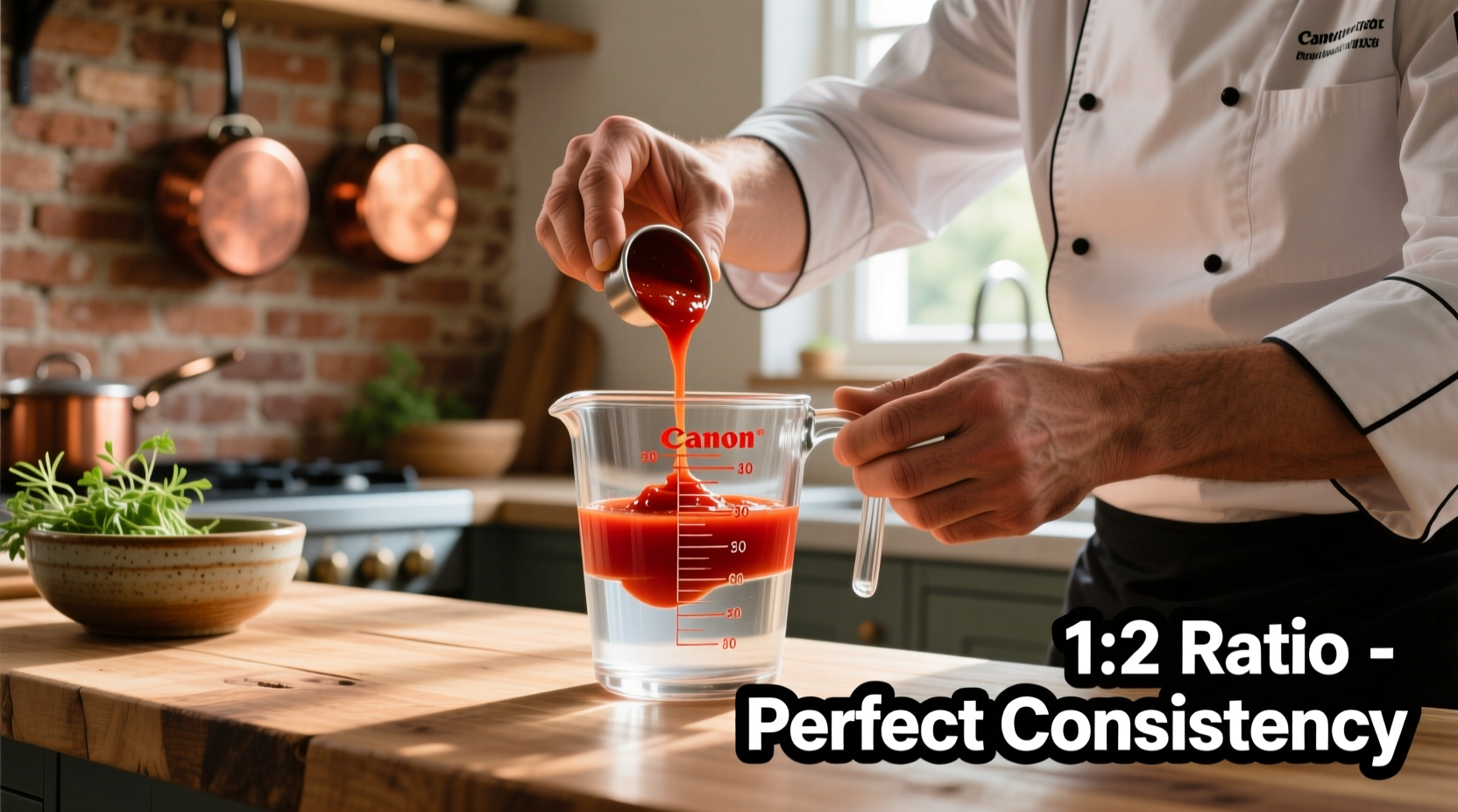 Chef measuring tomato paste and water ratio