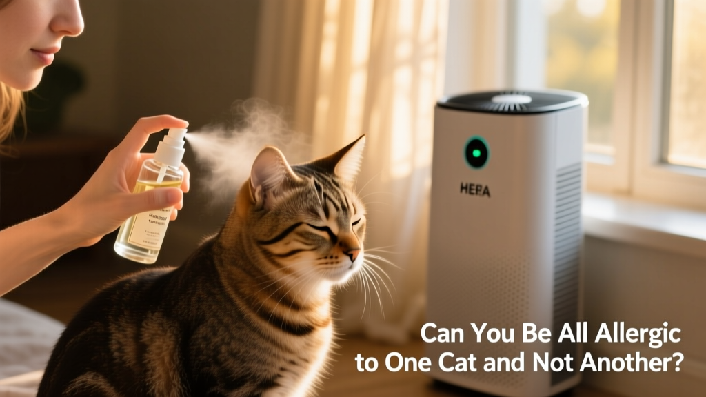 Close-up of a person’s hand applying a gentle, fragrance-free grooming spray to a calm cat’s shoulder, with a HEPA air purifier visible in the background