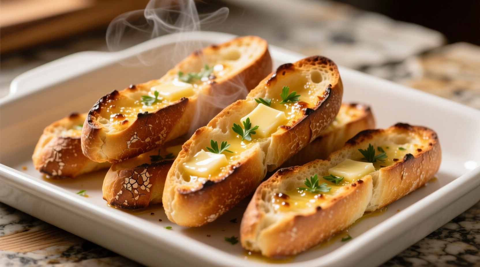 Golden brown garlic bread sticks on baking sheet