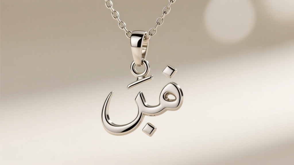 Macro view of platinum Arabic letter pendant on a 1.2mm steel box chain, focusing on the soldered jump ring and smooth edge.