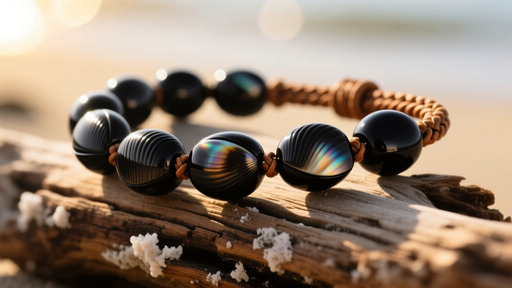 Macro shot of polished black lip shell beads on a braided leather cord resting on weathered driftwood under warm, natural sunlight