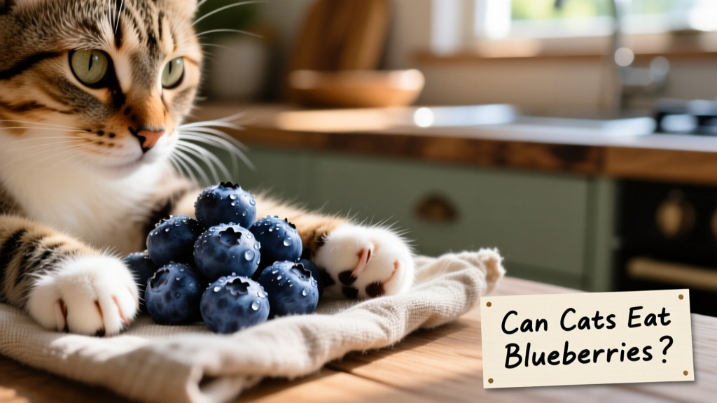 Close-up of fresh, washed blueberries beside a curious cat’s paw