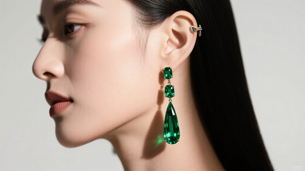 Side profile of a woman wearing long green emerald drop earrings, highlighting the secure leverback closure and earlobe drape