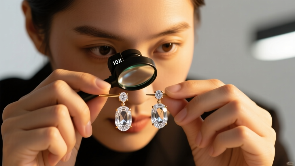 Close-up of a jeweler using a 10x loupe to inspect clear quartz earrings for inclusions under warm light to verify authenticity.