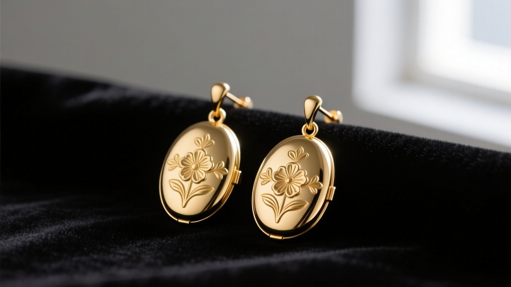 Gold oval locket earrings on dark velvet, soft lighting highlighting engraved floral patterns on the polished metal surface.