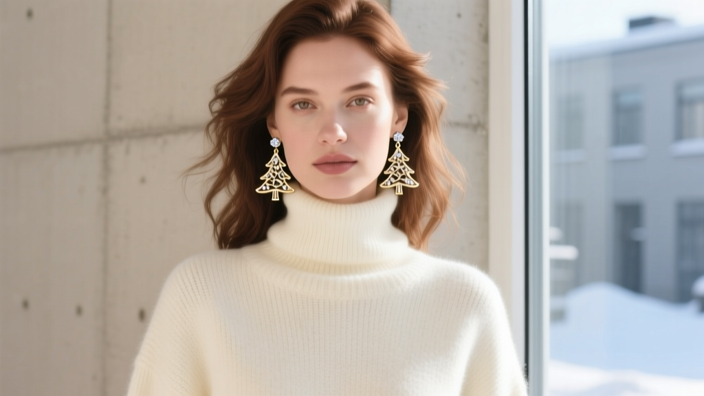 Woman wearing minimalist 14k white gold outline Christmas tree huggie earrings, styled with a cozy cream winter turtleneck.
