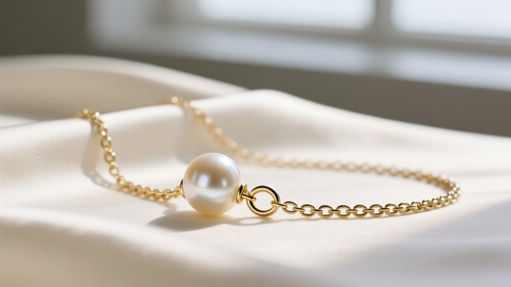 Close-up of a 14k white gold bail threading a cream-colored pearl onto a delicate 18-inch rolo chain necklace on a silk cloth