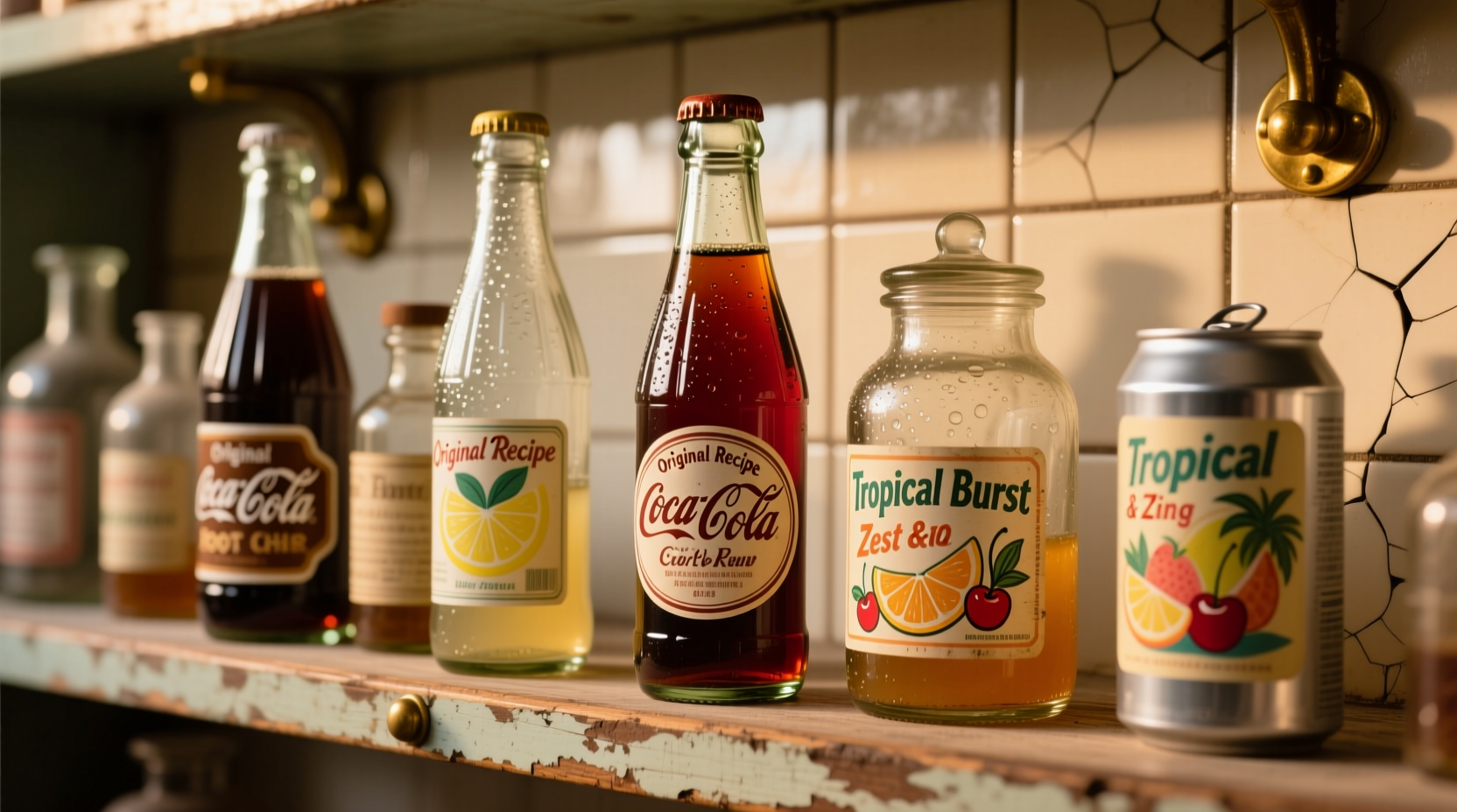 Vintage cola bottles showing flavor evolution