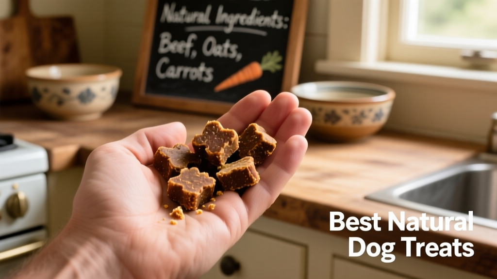 Hand holding a handful of soft, chewy beef dog treats against a kitchen backdrop