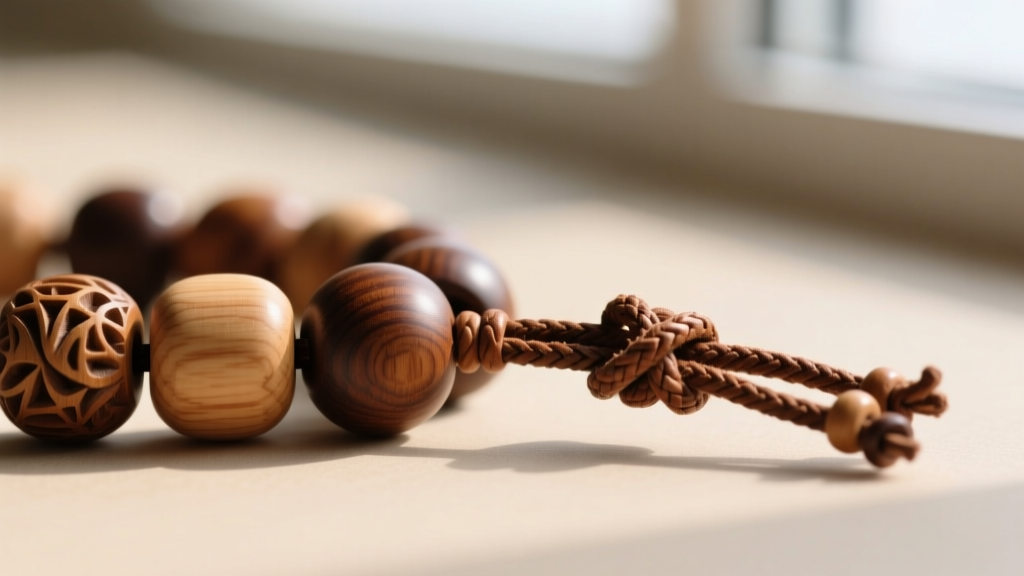 Detail view of 3mm leather cord threaded through maple wood beads, highlighting the natural grain and a tight surgeon knot finish.