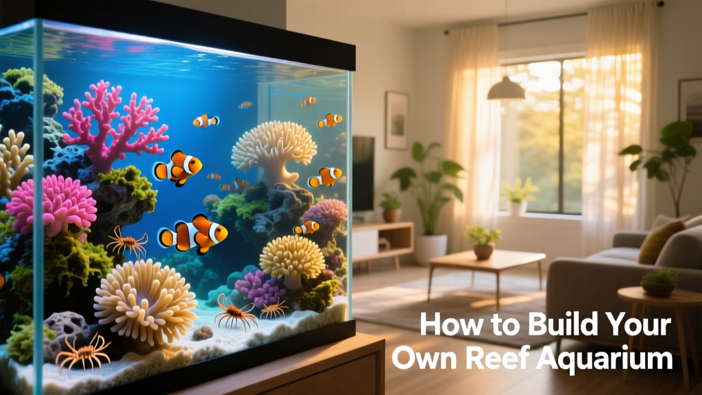 A well-lit, thriving reef aquarium with colorful corals, clownfish, and live rock