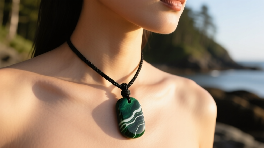 Model wearing a dark Kawakawa pounamu Toki pendant on a black waxed cord, shot from the collarbone up in warm natural sunlight.