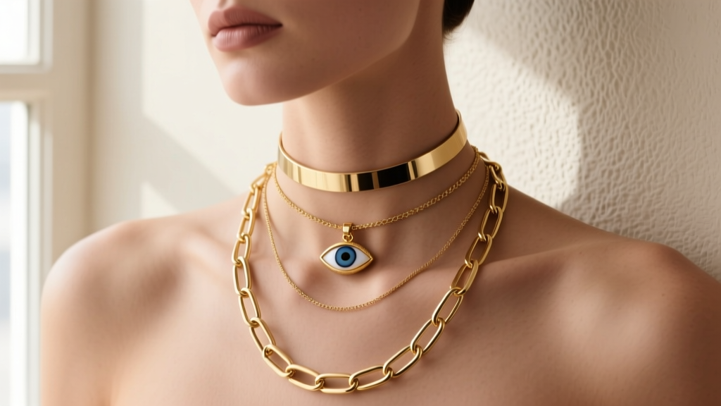 Model wearing a layered necklace stack with a 16-inch choker, an 18-inch evil eye pendant, and a 20-inch gold paperclip chain.