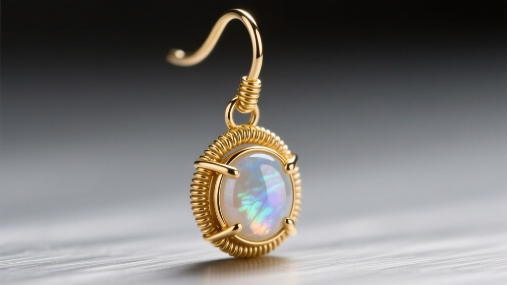 Close-up diagram style photo showing the soldered jump ring articulation point on a gold wire-wrapped moonstone drop earring