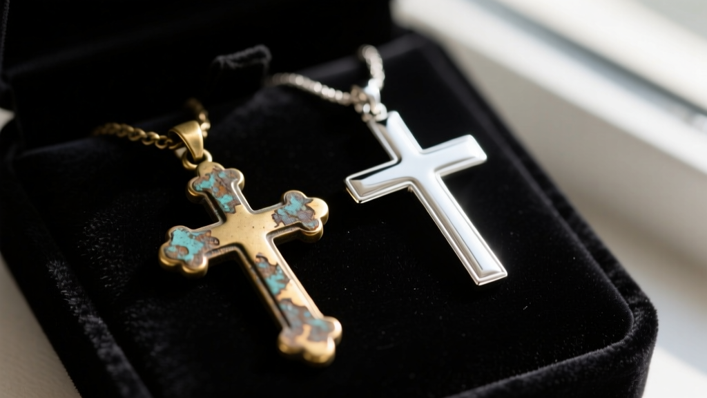 A heavily tarnished brass cross pendant next to a bright rhodium-plated Argentium silver cross resting on a dark velvet jewelry pad