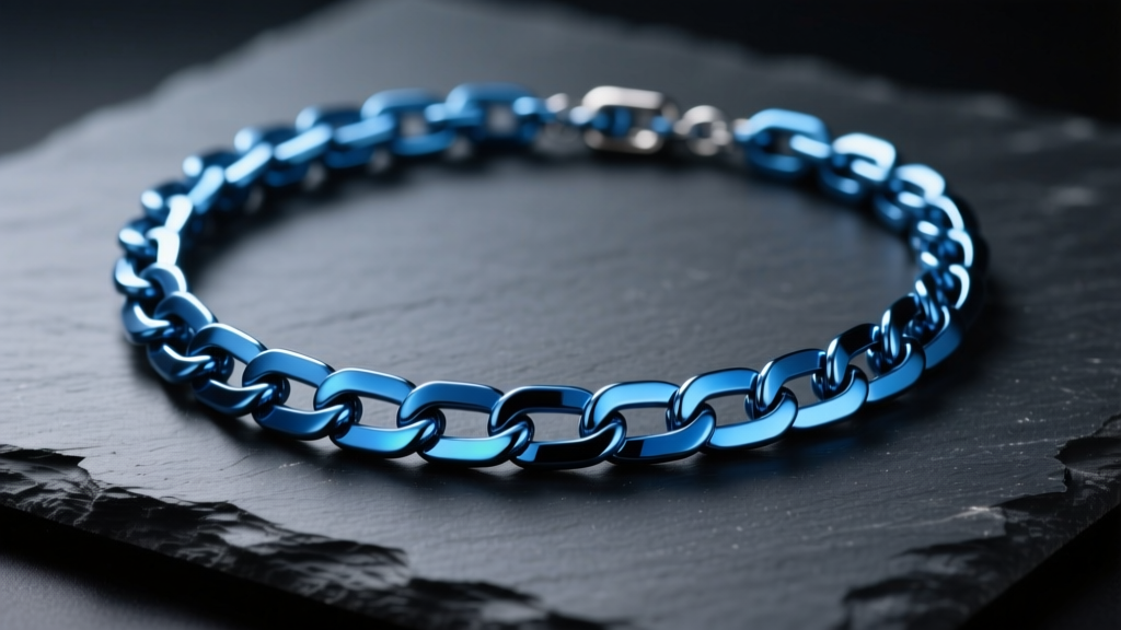 Blue anodized titanium chain necklace on dark slate, soft studio lighting highlighting vivid metallic luster.