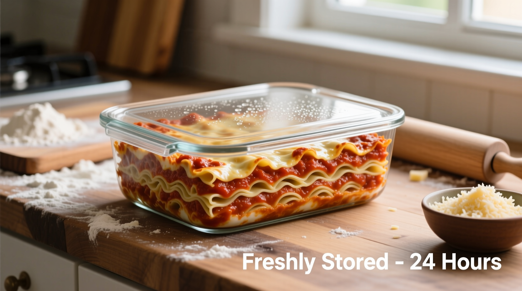 Properly stored lasagna in glass container