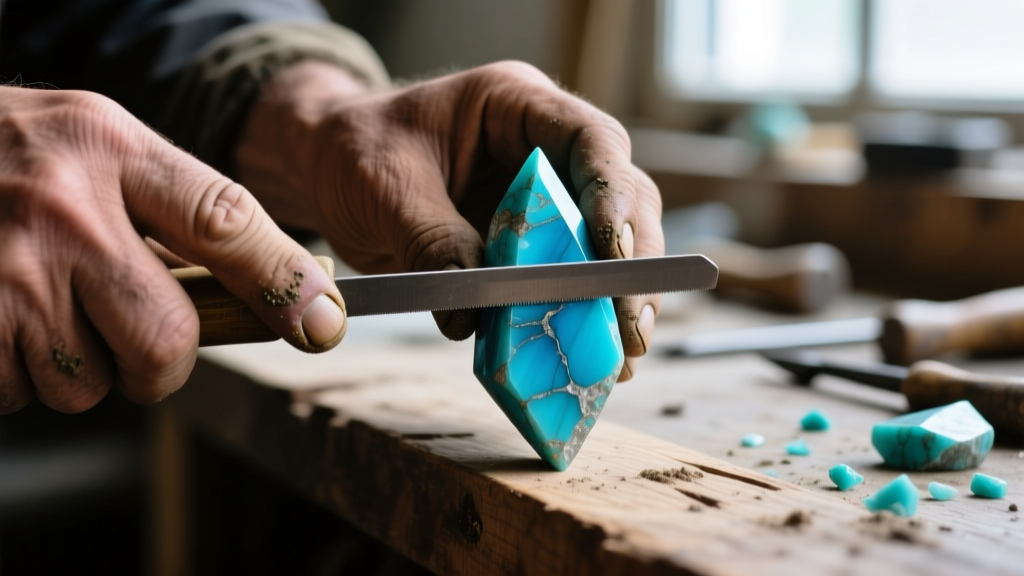 Artisan hands using a lapidary saw to cut narrow, pointed turquoise cabochons for traditional Native American needlepoint jewelry