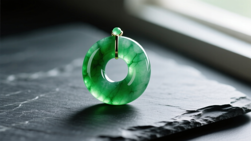 Green jadeite circle pendant on dark slate, soft lighting highlighting its smooth polished surface and vibrant inner glow.
