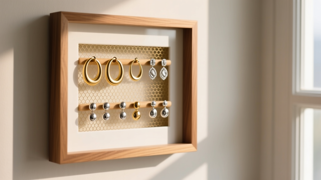 Wooden picture frame earring holder on a wall, displaying gold hoops and silver studs against brass mesh in soft morning light.