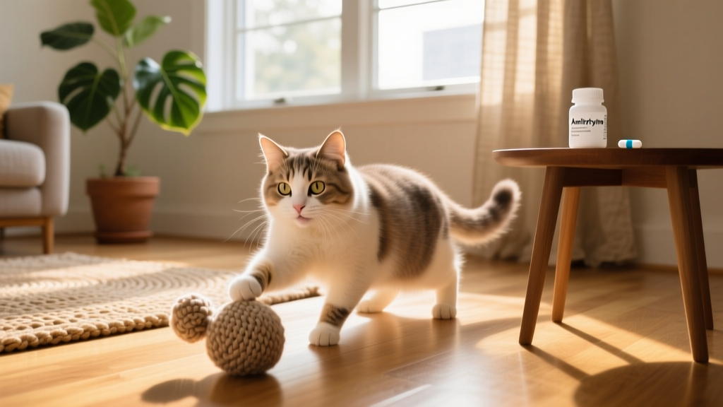 Happy cat playing with a soft toy in a sunlit room, symbolizing improved well-being