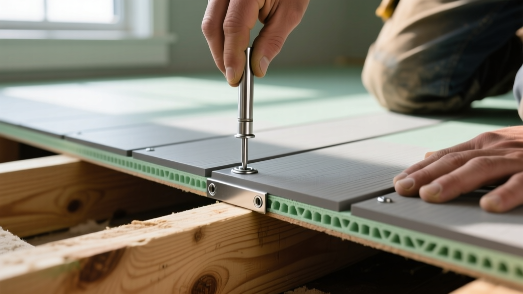 Close-up of a contractor driving stainless steel hidden fasteners into cellular PVC decking boards over a pressure-treated wood joist