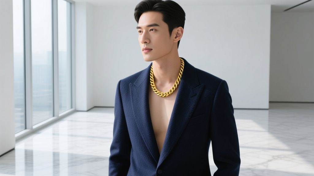 Stylish man in a tailored navy suit revealing a delicate 20-inch 14k yellow gold rope chain resting just below his collarbone