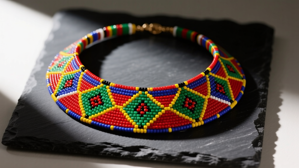 Vibrant Maasai beaded collar necklace on dark slate, showing geometric patterns and bright primary colors in soft natural light.