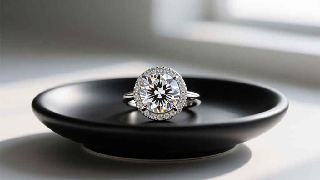 Macro shot of a 950 platinum bezel-set diamond pendant resting on a minimalist matte black ceramic jewelry display dish indoors