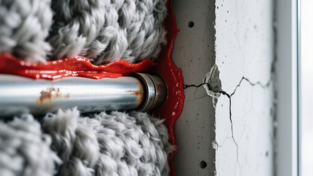 Close-up of dense mineral wool batts and red intumescent firestop sealant applied around a steel pipe penetration in a concrete wall