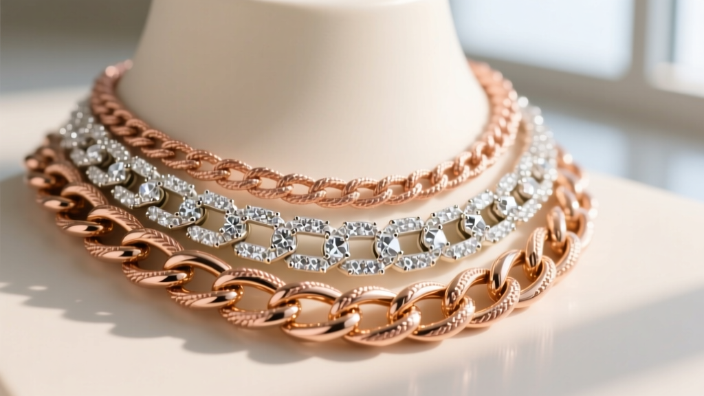 Macro shot of a mixed-metal hip hop style necklace stack featuring a rose gold rope chain and a white gold iced-out tennis chain