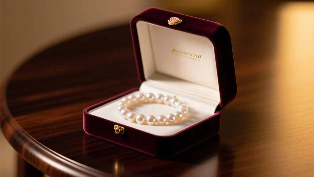 Velvet box revealing a strand of creamy white Akoya pearls with rose overtones, resting on a dark mahogany table under warm, soft lighting