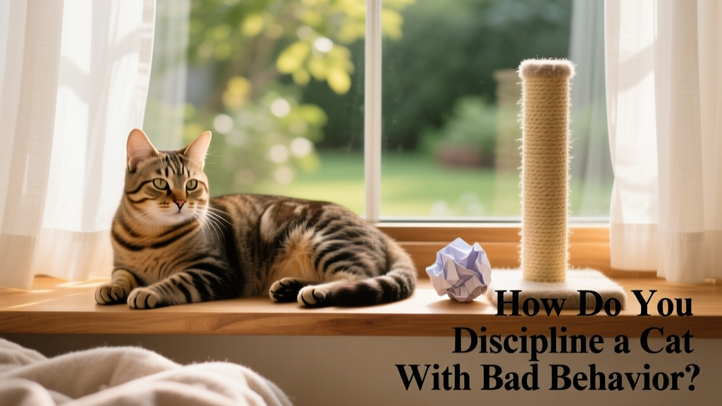 A relaxed cat resting on a window perch with a nearby toy and scratching post
