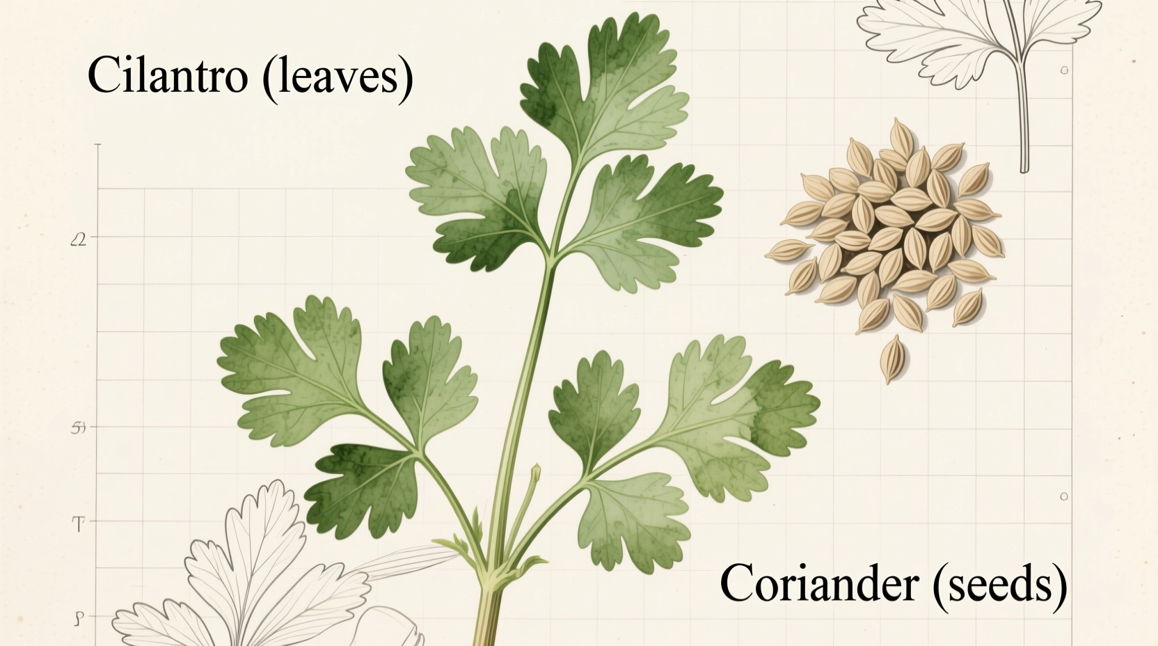 Korianderpflanze mit Blättern und Samen