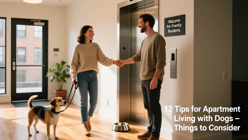 A smiling dog owner and their relaxed, leashed dog greeting a neighbor in a bright apartment lobby—demonstrating community harmony