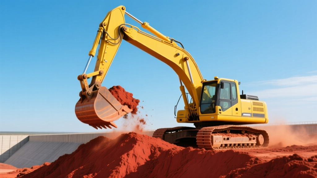 Heavy yellow excavators moving compacted red clay earthfill to construct a large retention dam embankment against a clear blue sky