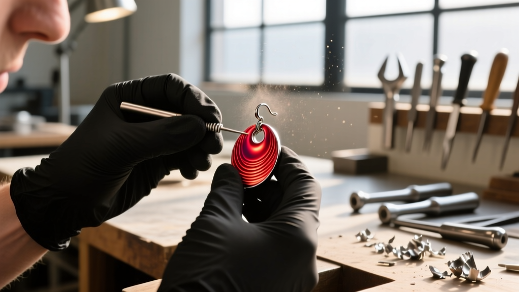 Close-up of a jeweler using a voltage rectifier to anodize a titanium earring component into a vibrant crimson color in a workshop