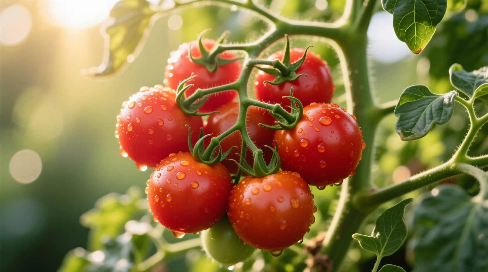 Cluster of vibrant red pear tomatoes on vine