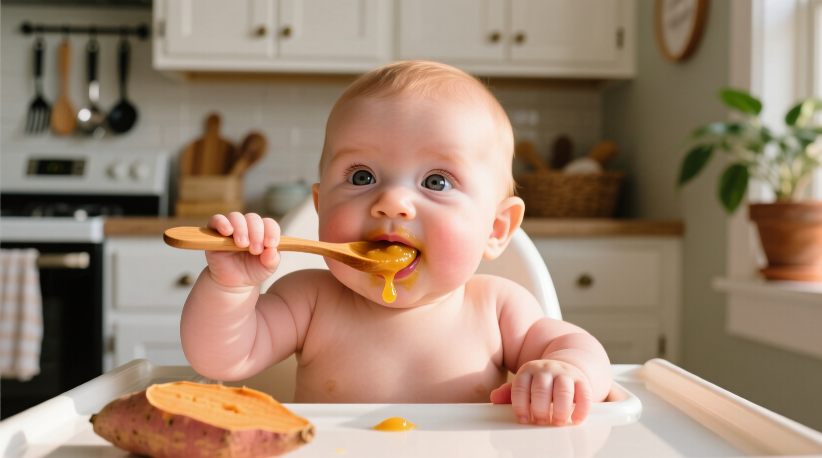 Baby eating first solid food from spoon